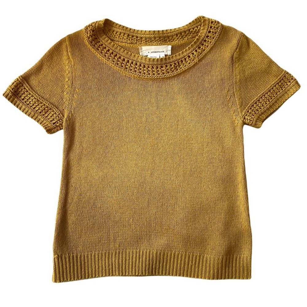ANTHROPOLOGIE knit sweater tee shirt sleeve lace mustard gold